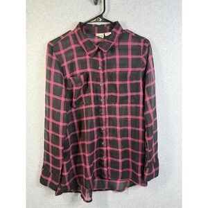 Mudd Shirt Womens Medium Black Pink Plaid Chiffon Button Up Long Sleeve Top